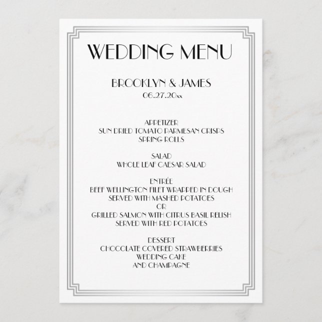 Grand Gatsby Art Déco Blanc Argent Mariage Menu (Devant)