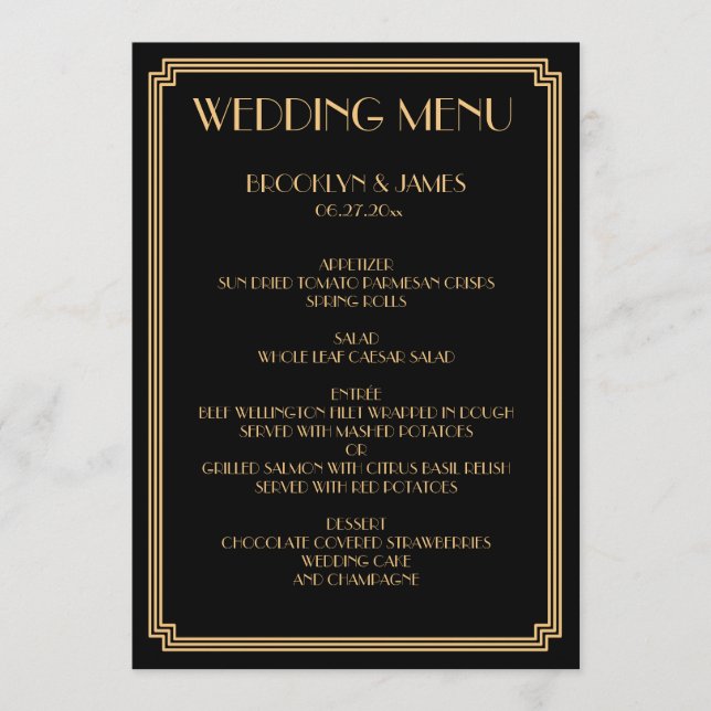 Grand Gatsby Art Déco Gold Mariage noir Menu (Devant)