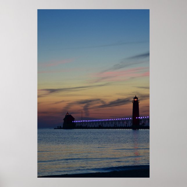 Grand Haven Lighthouse and Pier at Night Poster (Front)