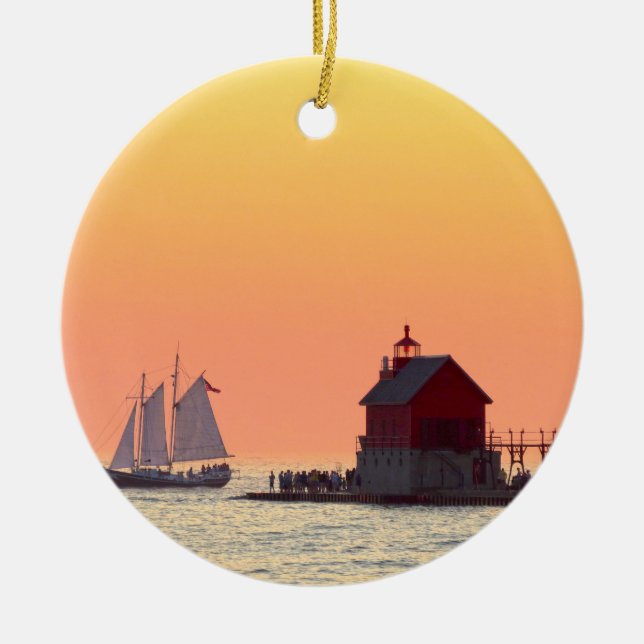 Grand Haven Outer Lighthouse and Ship Ceramic Ornament (Front)