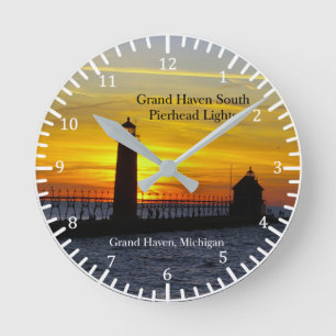 Grand Haven South Pierhead Lights sunset clock 2