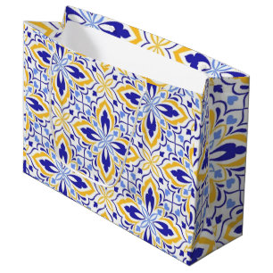 Grand Mosaic Blue and Gold Floral Mediterranean Large Gift Bag