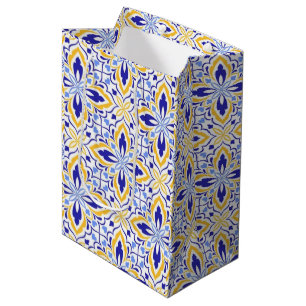 Grand Mosaic Blue and Gold Floral Mediterranean Medium Gift Bag