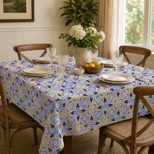Grand Mosaic Blue and Gold Floral Mediterranean Tablecloth