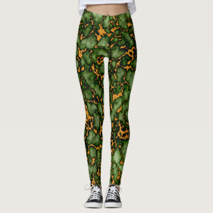 Grand Moss Green and Gold Marble Texture Design Leggings