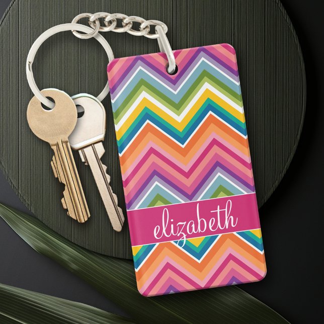 Grand Motif coloré Chevron avec nom (Personalized Keychain - add a monogram or name)