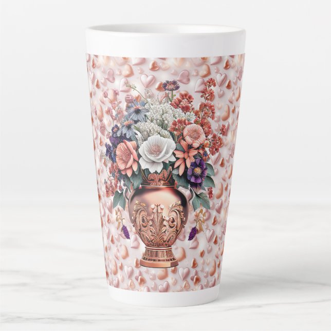 Grand mug à latte avec coeurs et fleurs en or rose (Devant)