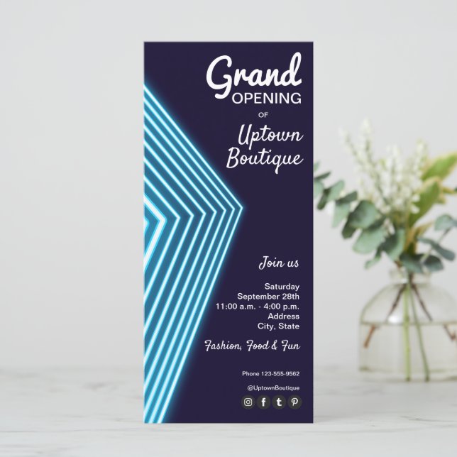 Grand Opening Blue Neon Invitations (Standing Front)