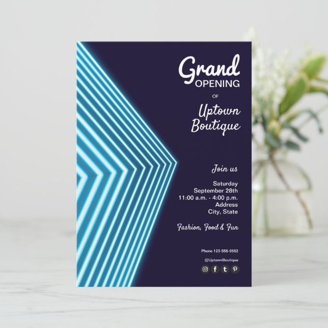 Grand Opening Blue Neon Invitations (Standing Front)