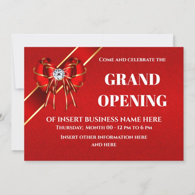 Grand opening business launch red ribbon bow save the date (Front)