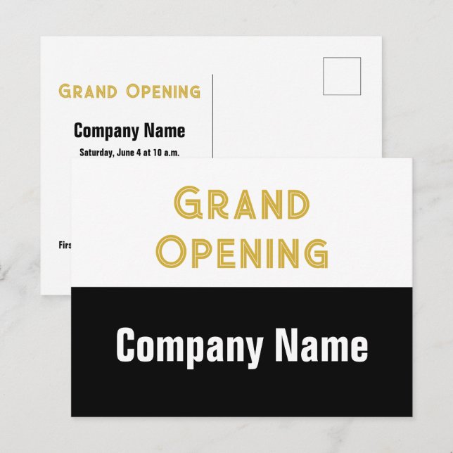 Grand Opening Gold Black and White Company Name Postcard (Front/Back)