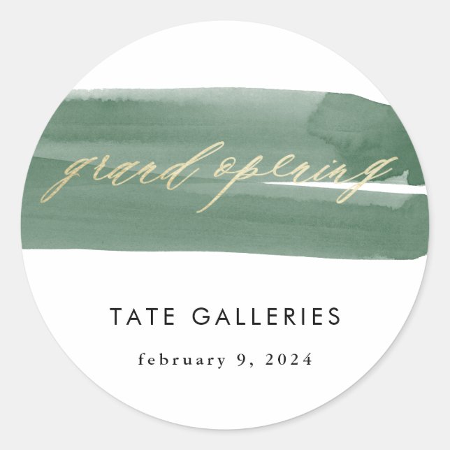 Grand Opening Green Ribbon Classic Round Sticker (Front)