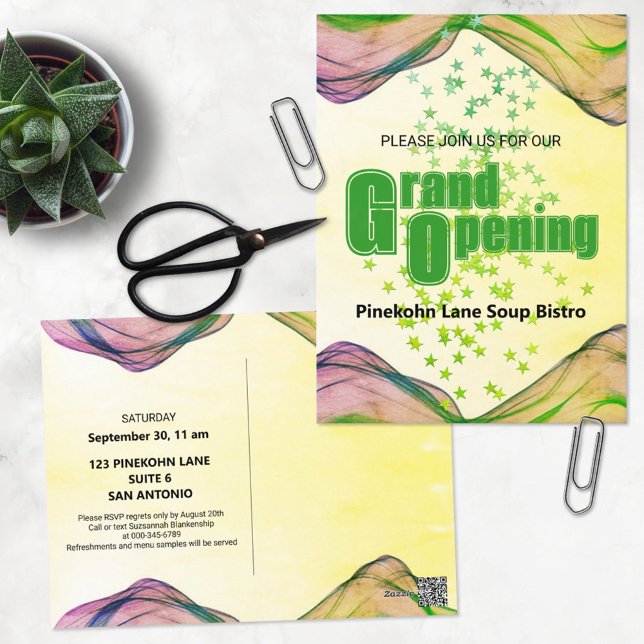 Grand Opening Green Yellow Watercolor Wave Stars Postcard (Creator Uploaded)