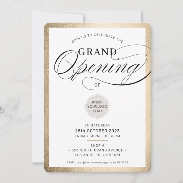 GRAND OPENING modern business event black gold Invitation (Front)
