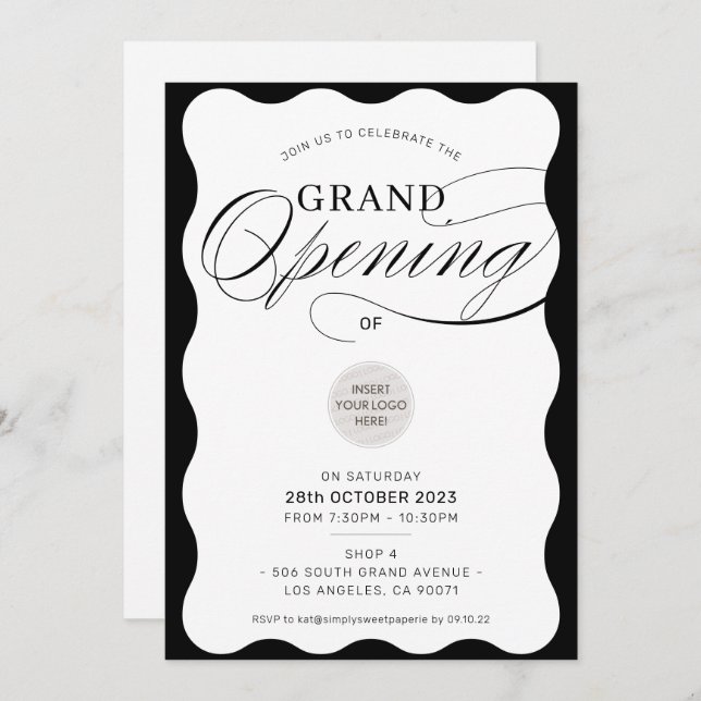 GRAND OPENING modern business event black wave Invitation (Front/Back)