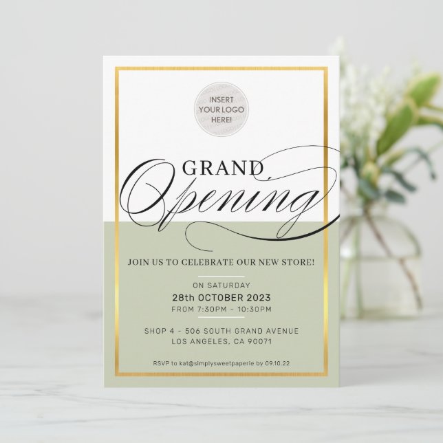 GRAND OPENING modern business logo sage green gold Invitation (Standing Front)