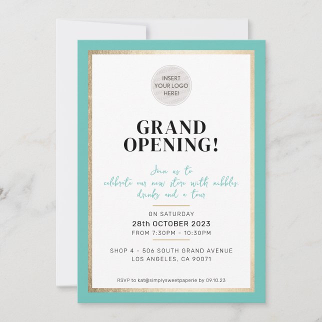 GRAND OPENING modern minimal logo mint green gold Invitation (Front)