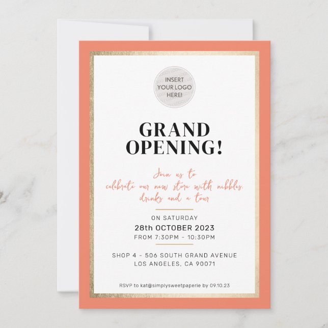 GRAND OPENING modern minimal logo store peach Invitation (Front)