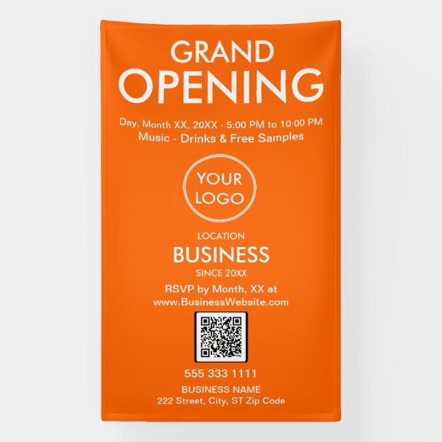Grand Opening Modern Orange Business Logo QR Code Banner (Vertical)