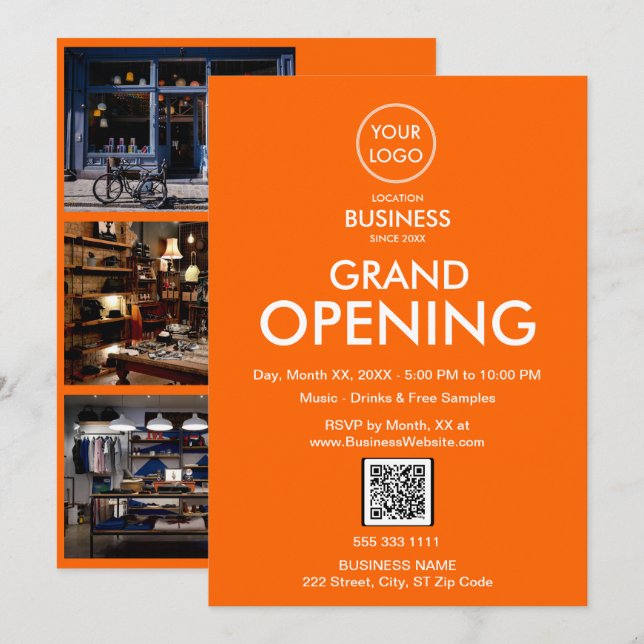 Grand Opening Modern Orange Business Logo QR Code Invitation (Front/Back)