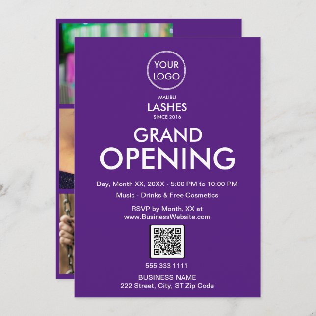 Grand Opening Modern Purple Business Logo QR Code Invitation (Front/Back)