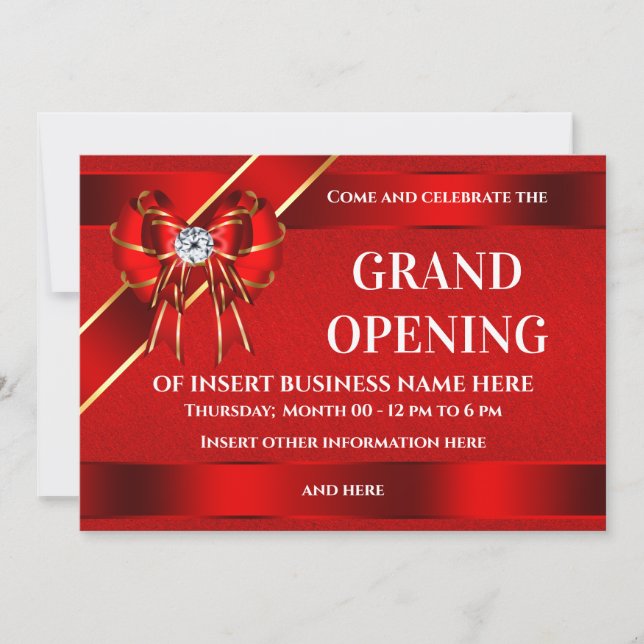 Grand opening red ribbon business launch elegant save the date (Front)
