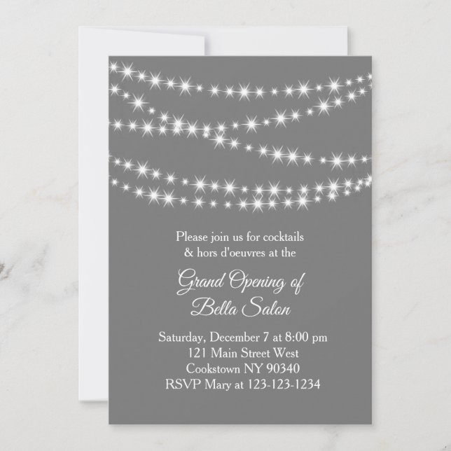 Grand Opening Twinkle Lights grey Invitation (Front)