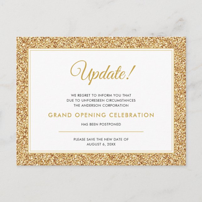 Grand Opening Update Canceled Gold Glitter Postcard (Front)