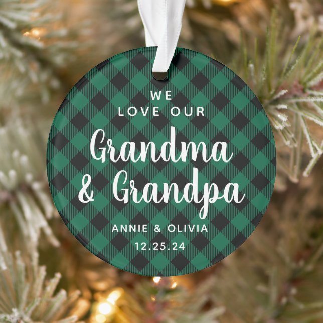 Grand-parents Green Plaid Holiday Photo à deux côt (Arbre)
