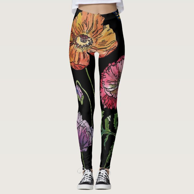 Grand Pavot Orange Floral Aquarelle Leggings (Devant)