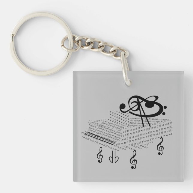 Grand piano and Ludwig van Beethoven, music notes Keychain (Front)