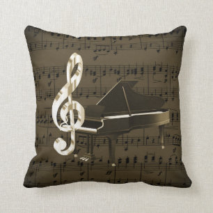Grand Piano Gold Treble Clef Bronze Sheet Music Throw Pillow