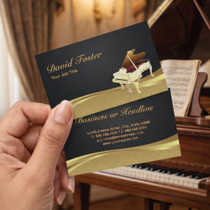 Grand Piano Pianist Elegant Black Gold Damask Business Card