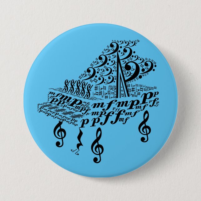 Grand piano, piano, music symbols,  3 inch round button (Front)