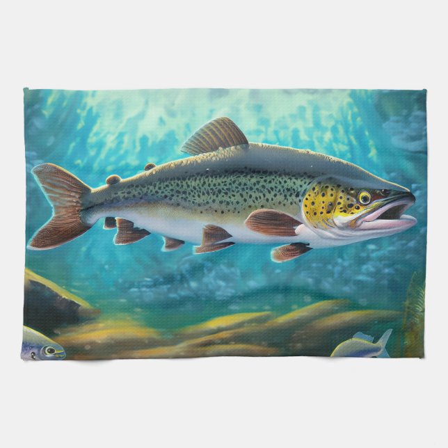 Grand Poisson De Truites ! Serviette de cuisine de (Horizontal)