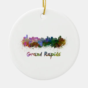 Grand Rapids skyline in watercolor Ceramic Ornament