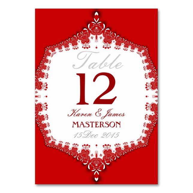 Grand Red+White Lace Wedding Table Number Card (Front)