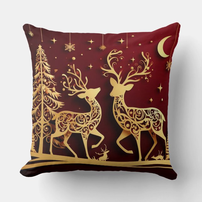 Grand Reindeer Waltz – Whimsy Holiday Pattern Throw Pillow (Front)
