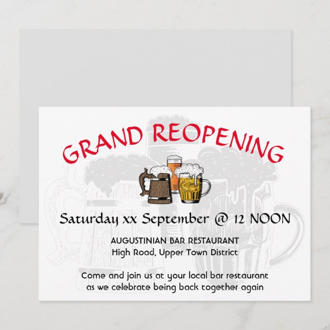 GRAND REOPENING Pub Reunion Customizable GRAY Invitation (Front/Back)
