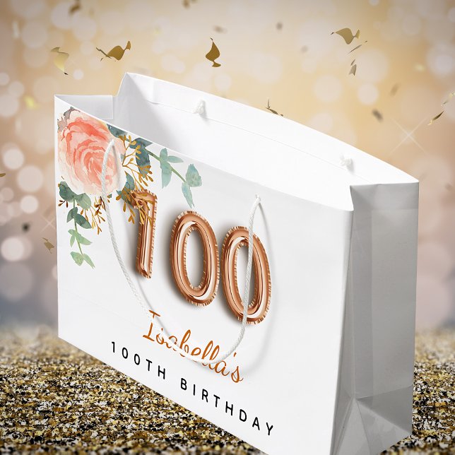 Grand Sac Cadeau 100e anniversaire fleuri rose or eucalyptus nom (Créateur téléchargé)