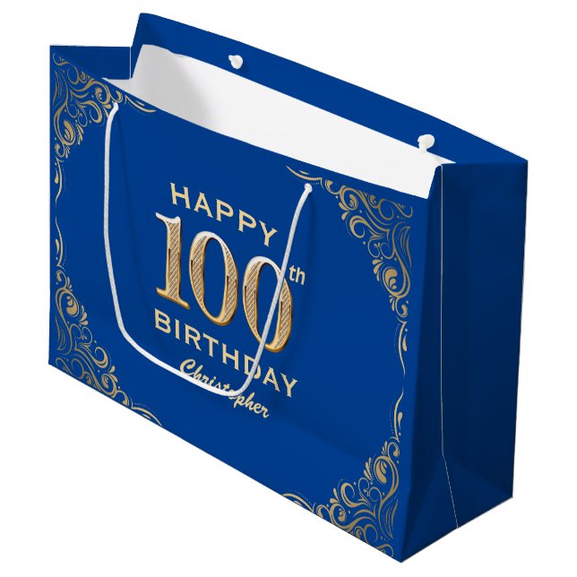 Grand Sac Cadeau 100e anniversaire Parties scintillant bleue et or  (Devant Angle)