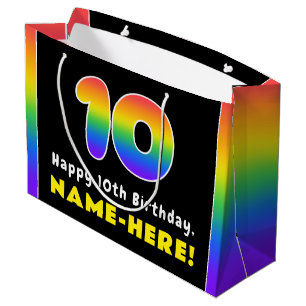 Grand Sac Cadeau 10e anniversaire : Arc-en-ciel coloré # 10, Nom pe