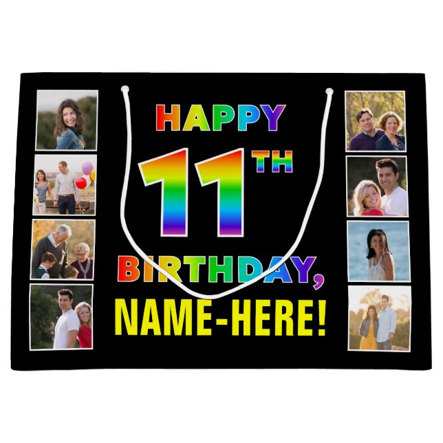 Grand Sac Cadeau 11e anniversaire : Rainbow Text, Custom Photos & N (Devant)