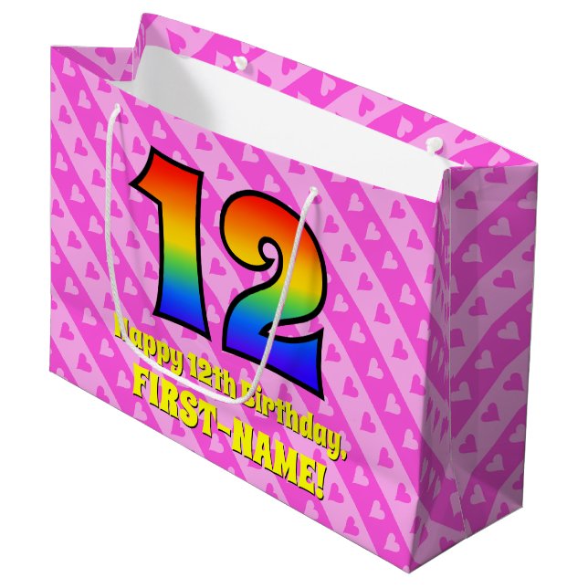 Grand Sac Cadeau 12e anniversaire : Pink Stripes & Hearts, Arc en c (Devant Angle)