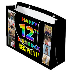 Grand Sac Cadeau 12e anniversaire : Rainbow Text, Custom Photos & N