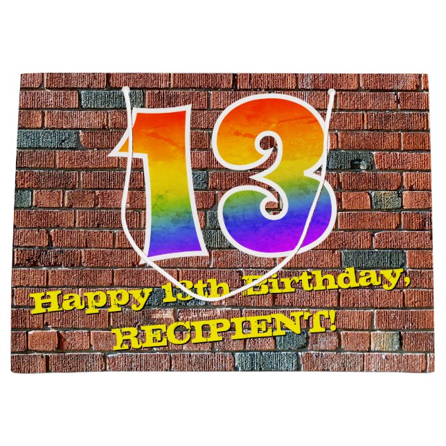 Grand Sac Cadeau 13e anniversaire : Amusant, arc-en-ciel inspiré pa (Devant)