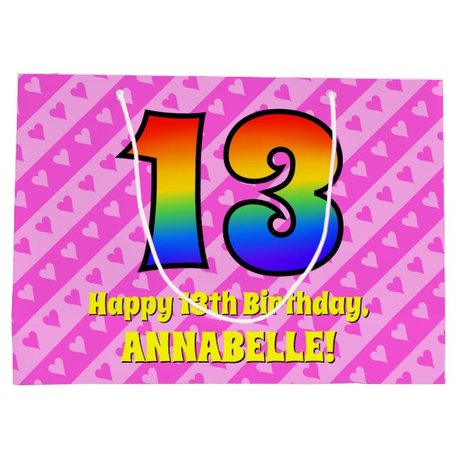 Grand Sac Cadeau 13e anniversaire : Pink Stripes & Hearts, Arc en c (Dos)