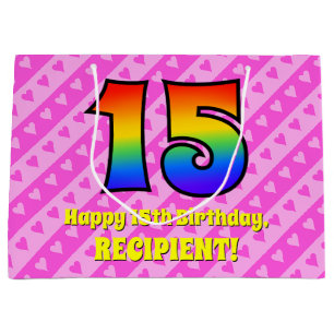 Grand Sac Cadeau 15e anniversaire : Pink Stripes & Hearts, Arc en c