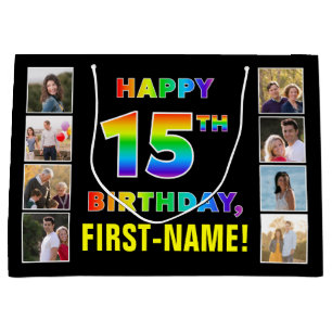 Grand Sac Cadeau 15e anniversaire : Rainbow Text, Custom Photos & N