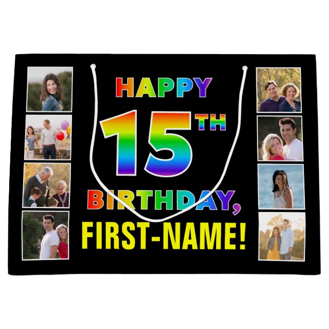 Grand Sac Cadeau 15e anniversaire : Rainbow Text, Custom Photos & N (Devant)